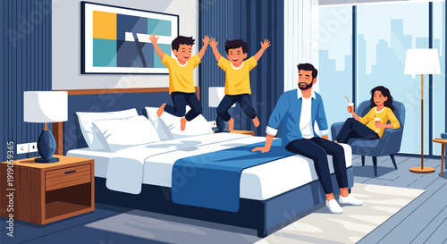Hotel travel vector illustration of family enjoying stay in hotel room with kids playing and parents relaxing. Vacation accommodation and hospitality lifestyle activity concept for tourism marketing