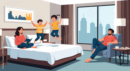 Hotel travel vector illustration of family enjoying stay in hotel room with kids playing and parents relaxing. Vacation accommodation and hospitality lifestyle activity concept for tourism marketing