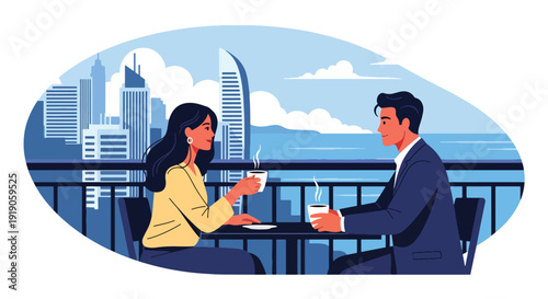 Hotel travel vector illustration of couple enjoying coffee on hotel balcony with scenic view. Romantic vacation accommodation and travel lifestyle activity concept