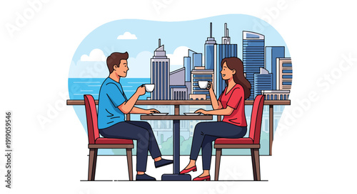 Hotel travel vector illustration of couple enjoying coffee on hotel balcony with scenic view. Romantic vacation accommodation and travel lifestyle activity concept
