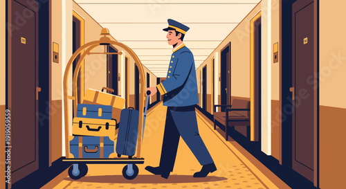 Hotel travel vector illustration of bellboy carrying luggage to guest room corridor. Hospitality service and accommodation support activity concept for tourism and vacation visuals