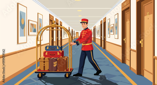 Hotel travel vector illustration of bellboy carrying luggage to guest room corridor. Hospitality service and accommodation support activity concept for tourism and vacation visuals
