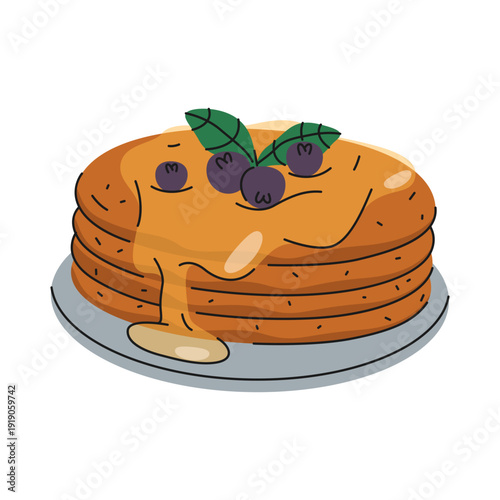 Vector pancakes with syrup or American dessert food. Sweet meal for brunch or breakfast. Morning nutrition and cooking symbol. Cartoon graphic for pastry and bakery. Culinary and cuisine, gastronomy.