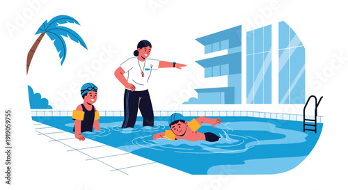 Hotel travel vector illustration of children learning to swim in hotel pool with instructor. Family vacation and resort activity concept for tourism marketing visuals
