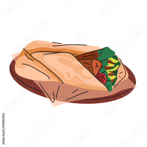 Shawarma or Arabian food, middle east sandwich. Vector street food or meal of roasted meat in lavash bread. Street and fast dish. Cafe takeaway cuisine. Culinary and gastronomy, cooking symbol.