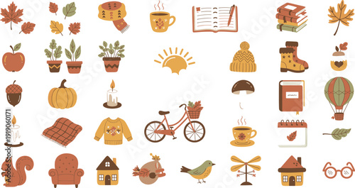 Cartoon vector illustration of a decorative autumn set featuring trees and leaves alongside winter holiday icons like gingerbread cookies and gifts for a festive celebration pattern design