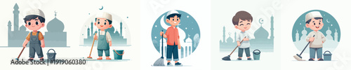 vector of little muslim boy cleaning mosque in ramadan