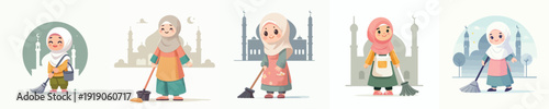 vector of little muslim girl cleaning mosque in ramadan