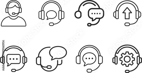 Collection of Eight Minimalist Line Art Icons Representing Customer Support and Communication Services
