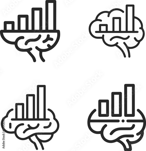 Four stylized black outline icons depicting a brain with an upward trending bar graph superimposed on top.