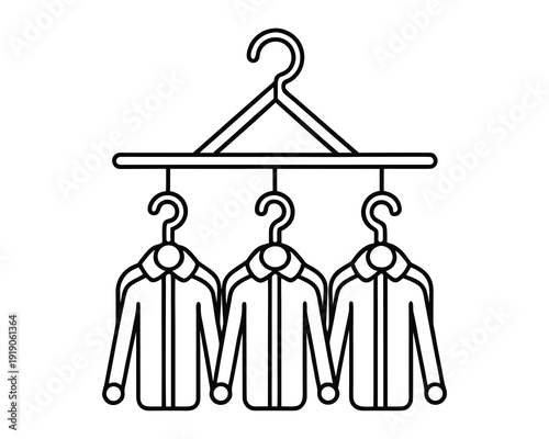 Three shirts hanging on individual hangers from a horizontal rail outline style isolated on white background