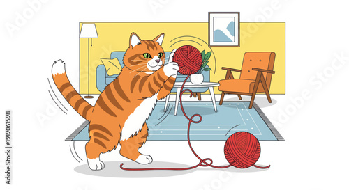 Orange Tabby Cat Playing with Red Yarn Ball in Cozy Living Room