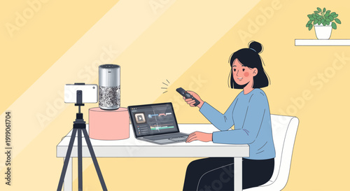 Young woman streaming online using laptop, phone, and smart speaker at home office