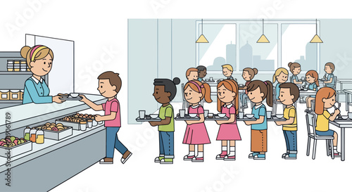 Children Queue at School Cafeteria for Lunch, Served by Staff