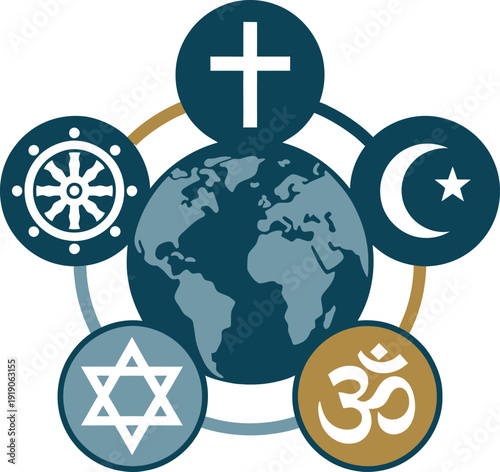 Comparative theology concept global religious symbols unity diversity spiritual beliefs faith icons vector graphic.