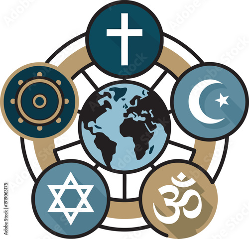 Comparative theology symbols interfaith religious diversity global faiths spiritual unity universal icons vector illustration.