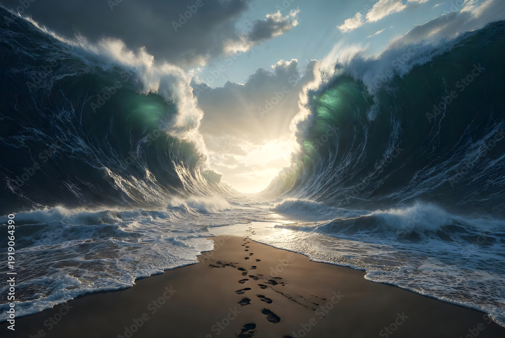 Fototapeta premium Path Through Parted Ocean Waves with Footprints in the Sand, Biblical Miracle of the Red Sea Crossing Concept, Spiritual Journey and Faith Background for Religious Themes