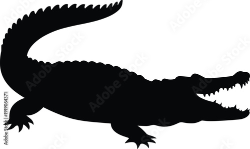 Crocodile silhouette isolated on white background, fierce alligator predator illustration, wild reptile animal clipart, dangerous swamp creature design