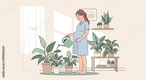 Pregnant woman watering plants in home interior for maternity and wellness content