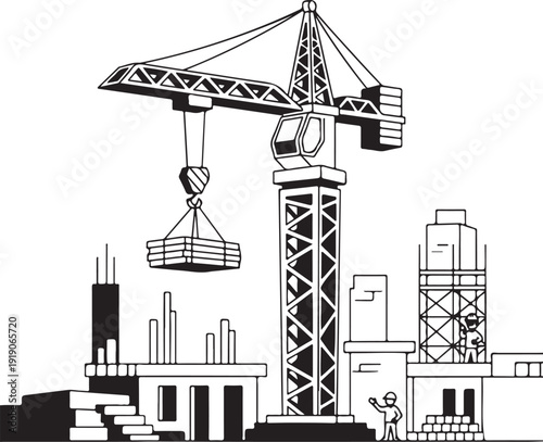 An industrial 3d illustration of a city construction site design featuring a crane tower silhouette against an urban skyline development