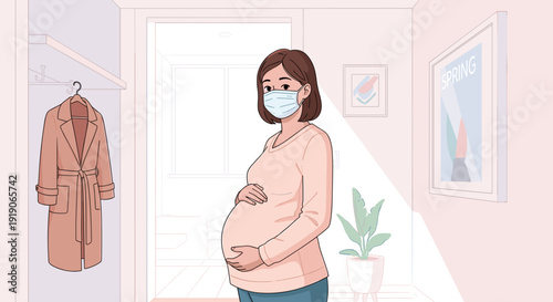 Pregnant woman wearing face mask while standing in living room  