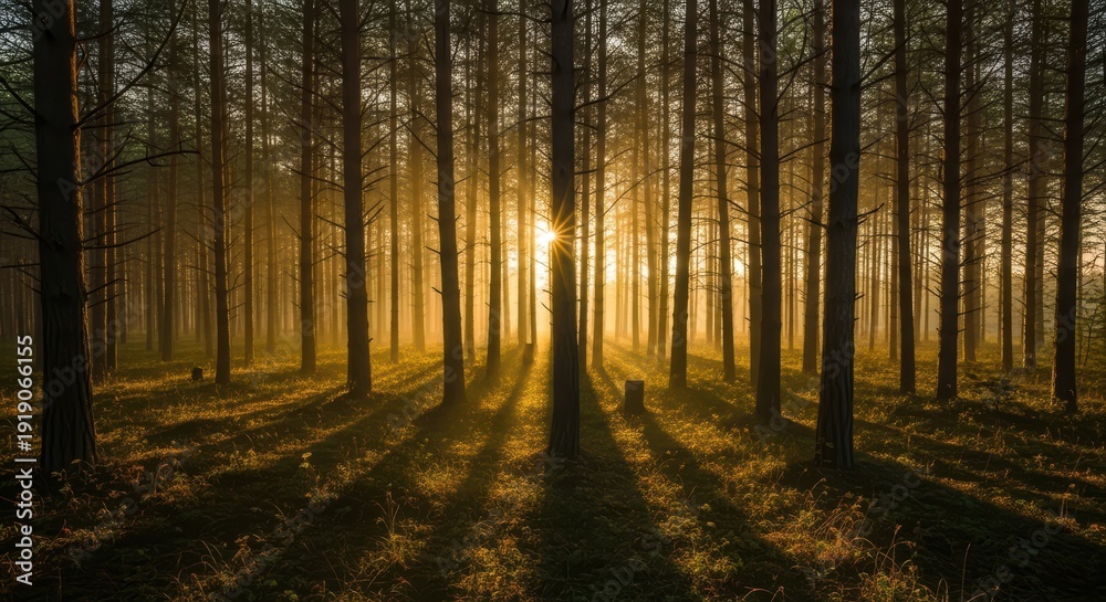 Fototapeta premium serene forest landscape with tall trees and sun shining through the branches, creating a warm and peaceful atmosphere during sunrise.