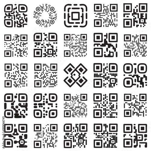 A collection of twenty-five diverse black QR code variations presents different shapes and internal patterns on a white surface.