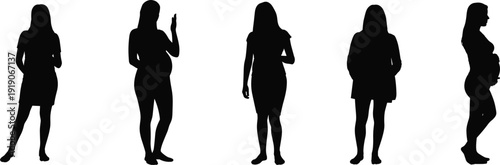 Pregnant woman silhouette set, expecting mother different poses isolated vector illustration on white background maternity concept design