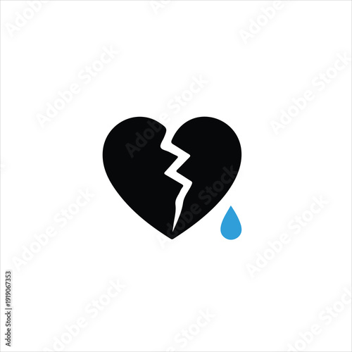 Black broken heart icon with a blue teardrop on a white background Keywords: heart, broken, sad, cry, tear, emotion