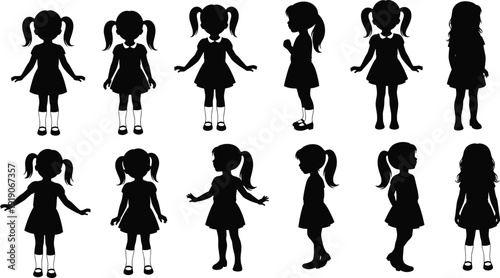 Vector Silhouette Set of Little Girls in Various Poses and Cute Outfits Featuring Pigtails and Dresses for Children Fashion Design