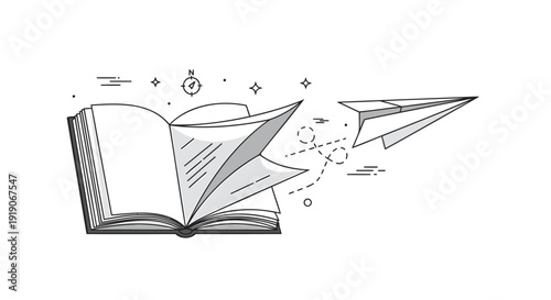 Vector illustration of an open book with paper airplanes flying out, symbolizing knowledge and ideas.
