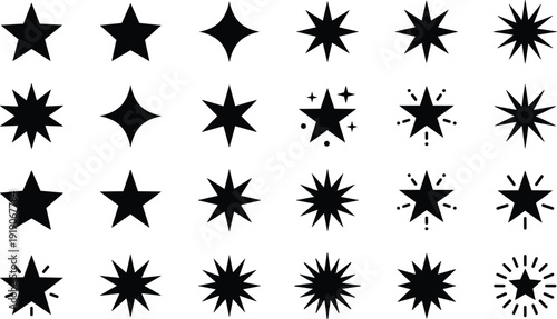 Starburst shapes collection isolated on white background, black sparkle explosion icons set, decorative twinkle symbol illustration pack