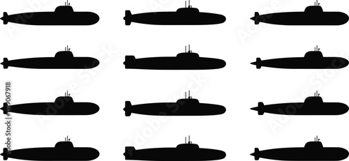 Submarine silhouette icon set, military naval underwater vessel symbols isolated on white background vector illustration collection