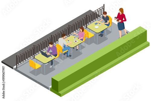 Outdoor cafe with laptop and waiter. Isometric outdoor cafe with customer at table, laptop and coffee. Street terrace restaurant scene with waiter and urban fence