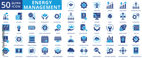 Energy management icon set flat containing renewable, efficiency, smart grid, demand, forecasting, storage solution, emission, peak load, audit, net-zero, appliance, monitoring, sustainability