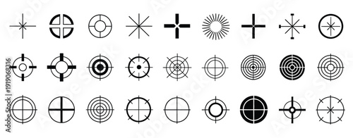Crosshair and target icons for aiming and precision, minimalist aiming and concentric circle bullseye pictogram bundle