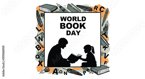 World Book Day icon with reading man and child, surrounded by books and letters.