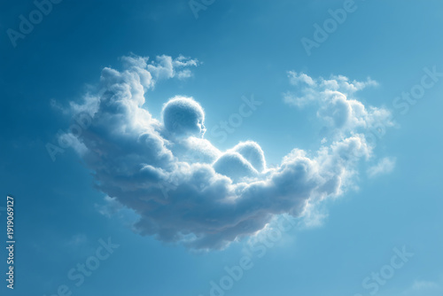 Cloud shaped like a sleeping newborn baby floating in blue sky, dreamy newborn and angel concept for Mother's Day. Dreams in a cloud, infant mortality concept, sids, perinatal loss.