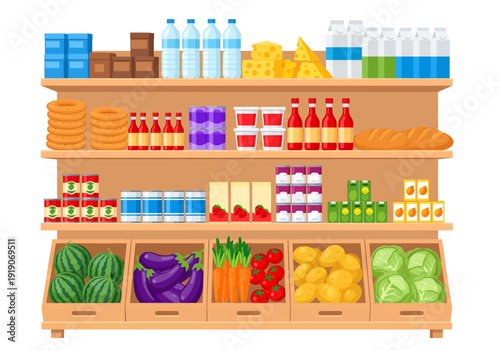 A colorful, beautifully organized wooden grocery store shelf displays a wide array of daily provisions, featuring neatly stacked dairy, beverages, baked goods, canned items, and bins of fresh produce