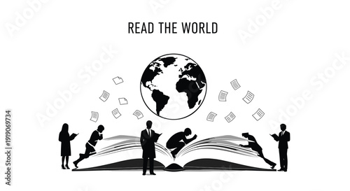 Literacy and global education vector illustration. Includes reading, learning, and people icons. Created in simple black style with monochrome palette.