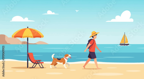 Man walking dog on beach with umbrella and sailboat in distance