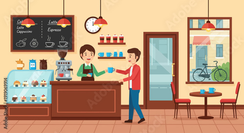 Barista Serving Coffee to Customer at Counter in Cozy Cafe Interior