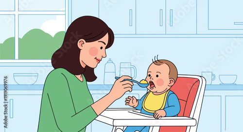 Mother Feeding Baby Spoon in Kitchen