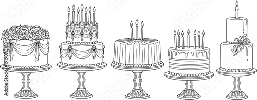 Elegant birthday cake line art set. Ornate tiered cakes on decorative crystal stands with candles. Black and white illustration isolated on white background.