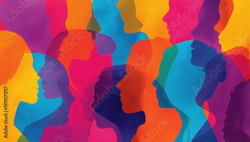 Colorful, overlapping silhouettes of diverse faces against a vibrant gradient background, representing unity