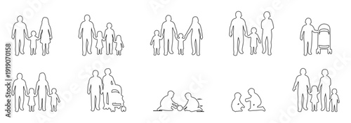 Set of diverse family outline illustrations featuring parents and children walking, playing, and using strollers; minimal vector character collection for architectural diagrams