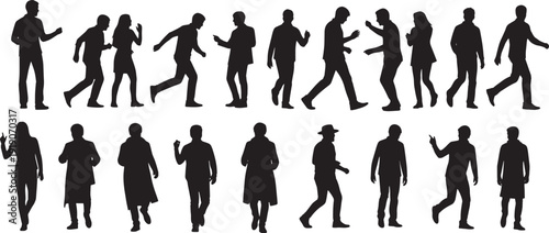 Side view of sixteen black silhouettes of people walking in two horizontal rows on a white background, graphic illustration of movement