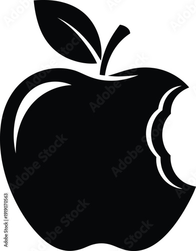 Black apple with bite taken out and leaf on silhouette bitten