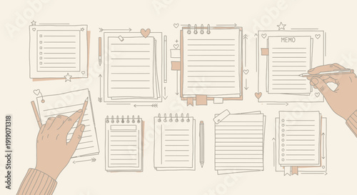 Hand-drawn stationery set with paper sheets, notebooks, pencils, and memos on a desk
