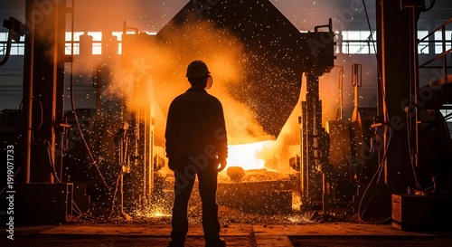 Silhouette of a Steelworker Overseeing Molten Metal Pouring in a Foundry